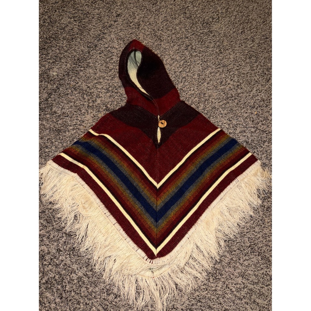 The Little Poncho Kids Hooded Striped Knit Fringe Cape Ecuador One Size 0-2T